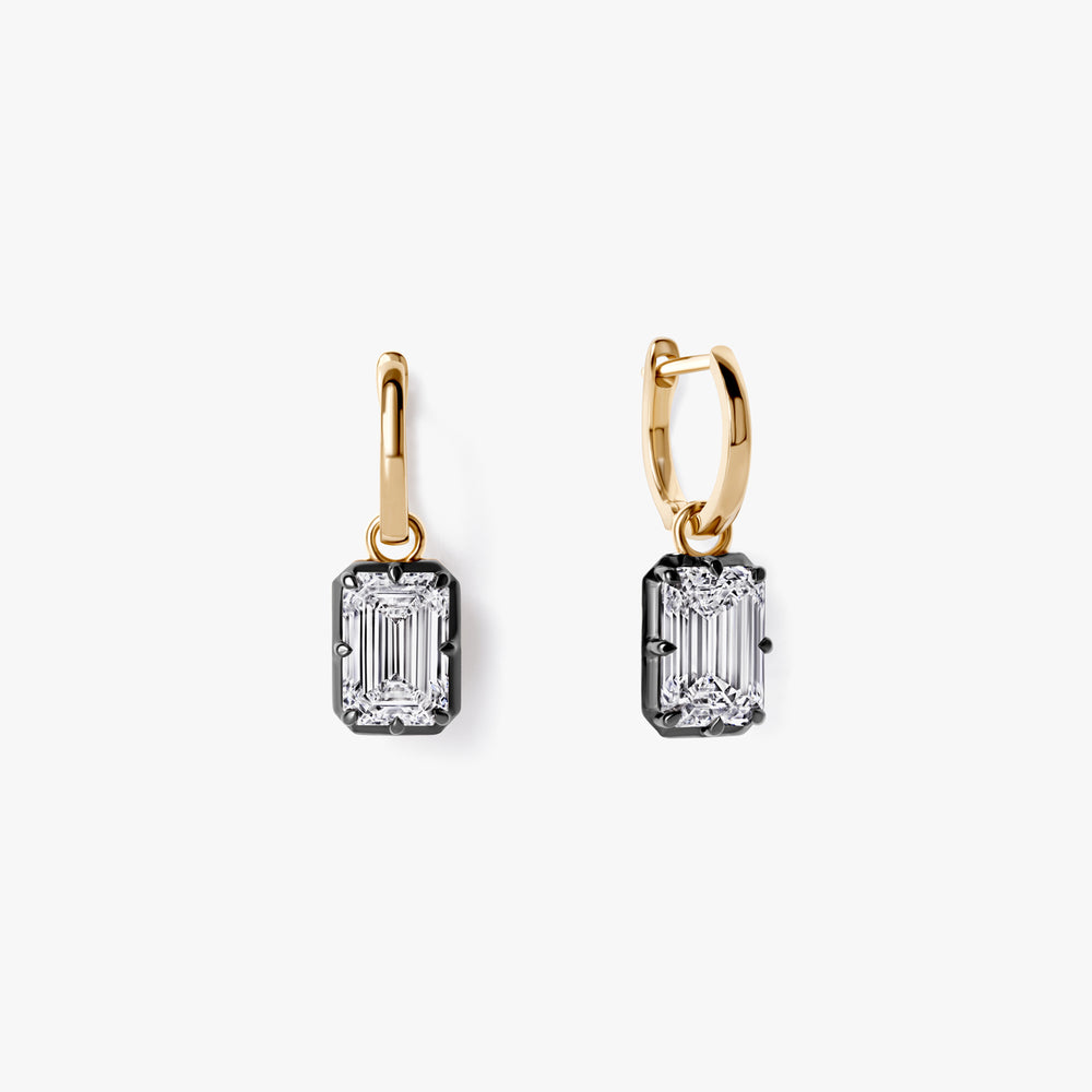 Emerald Diamond Black Rhodium Drop Huggie Earrings
