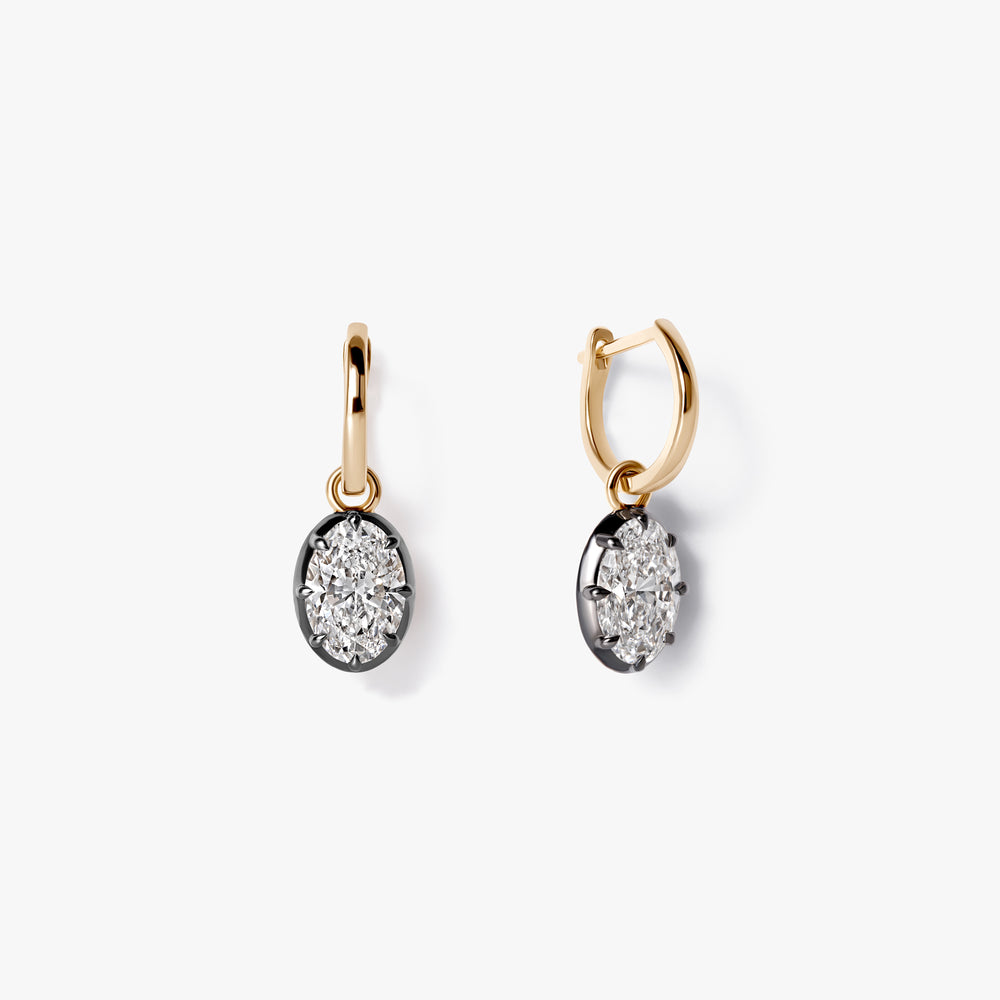 Oval Diamond Black Rhodium Drop Huggie Earrings