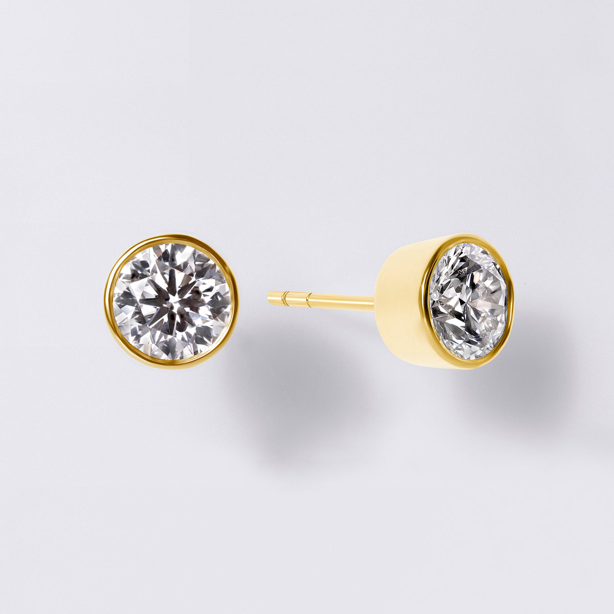Round Brilliant Bezel Set Studs (2CTW), Yellow Gold