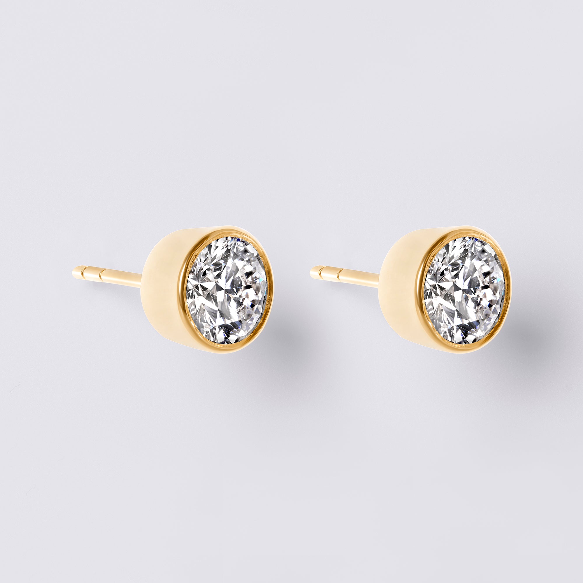 Round Brilliant Bezel Set Studs (2CTW), Yellow Gold