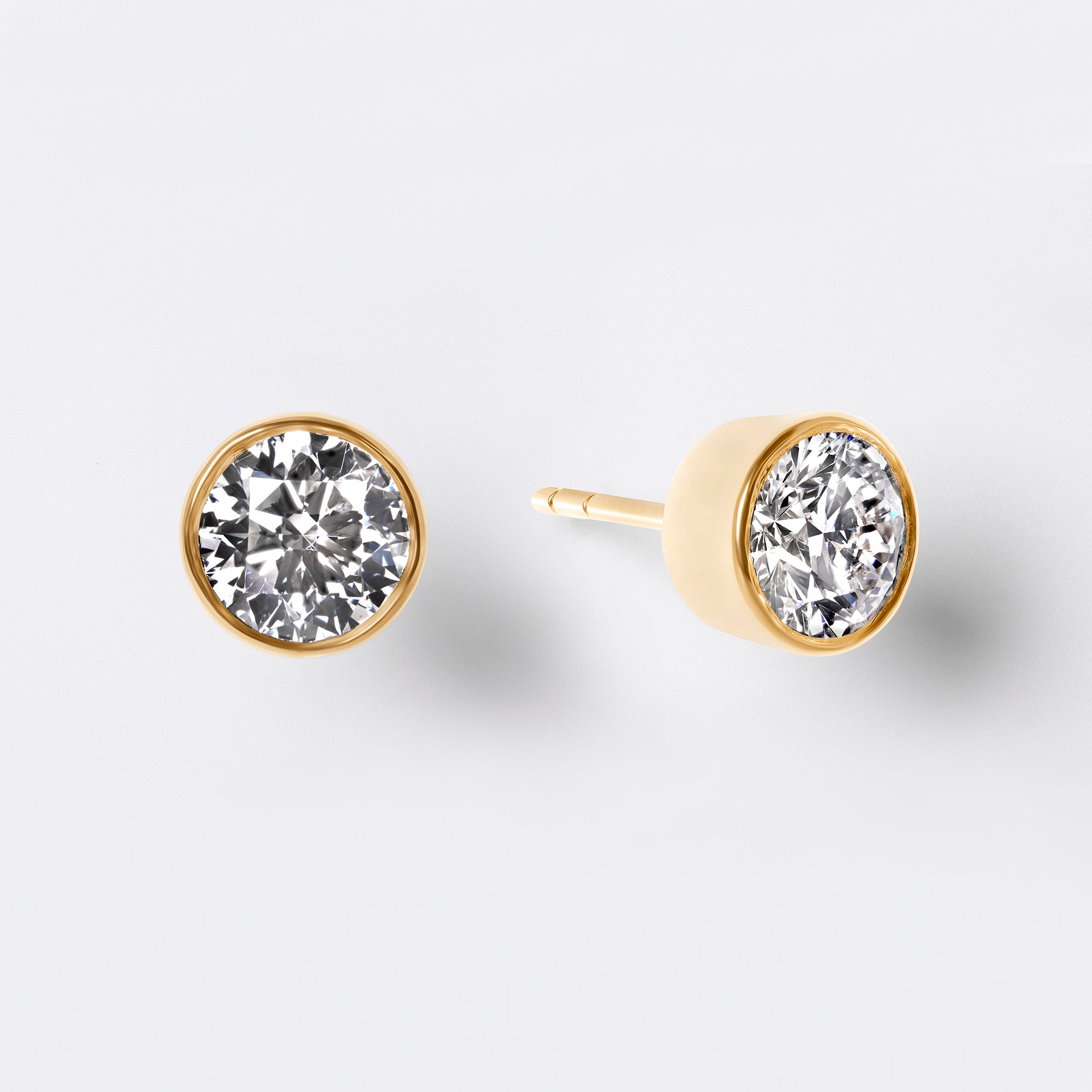 Round Brilliant Bezel Set Studs (2CTW), Yellow Gold