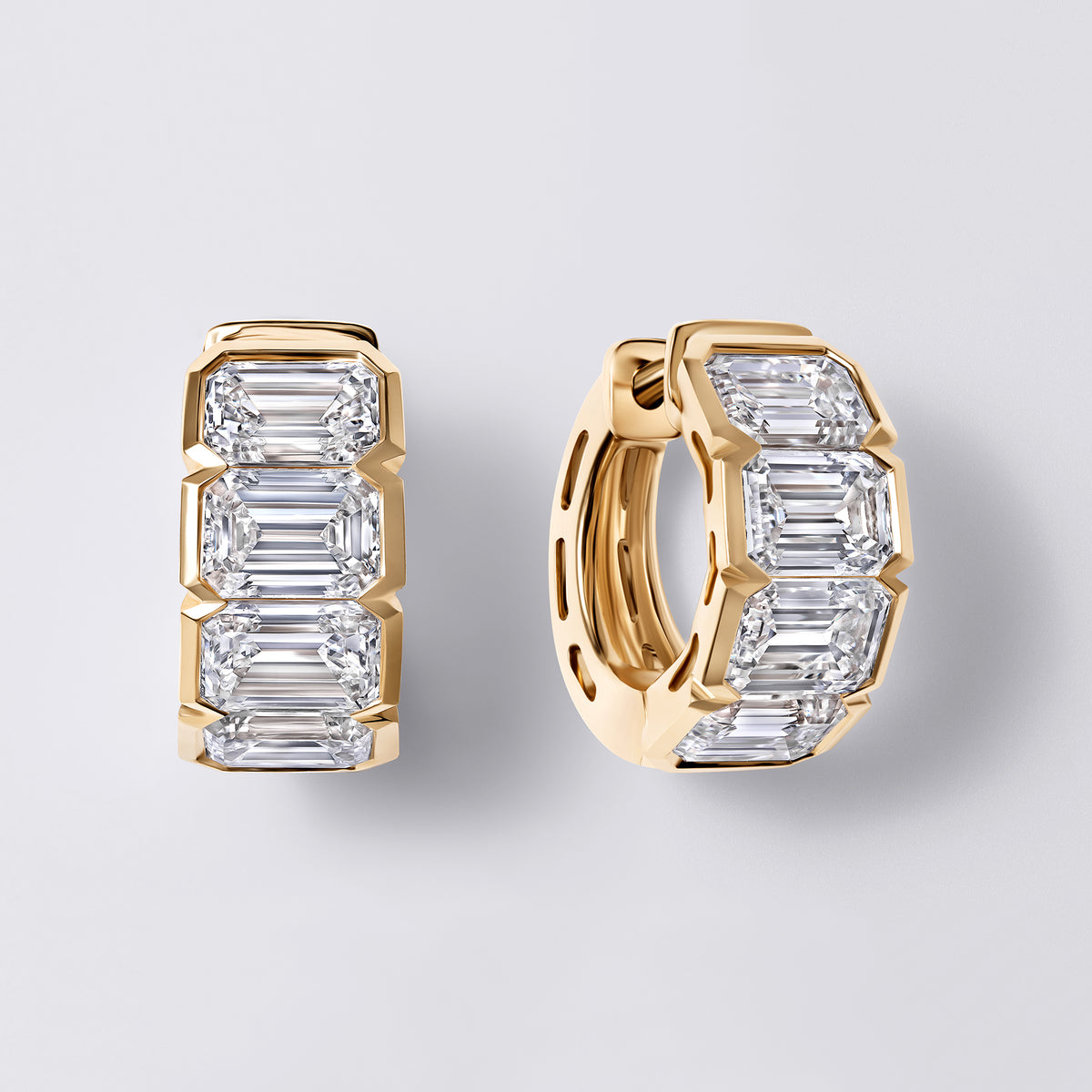 Emerald Cut Diamond East/West Half Bezel Huggie Earrings