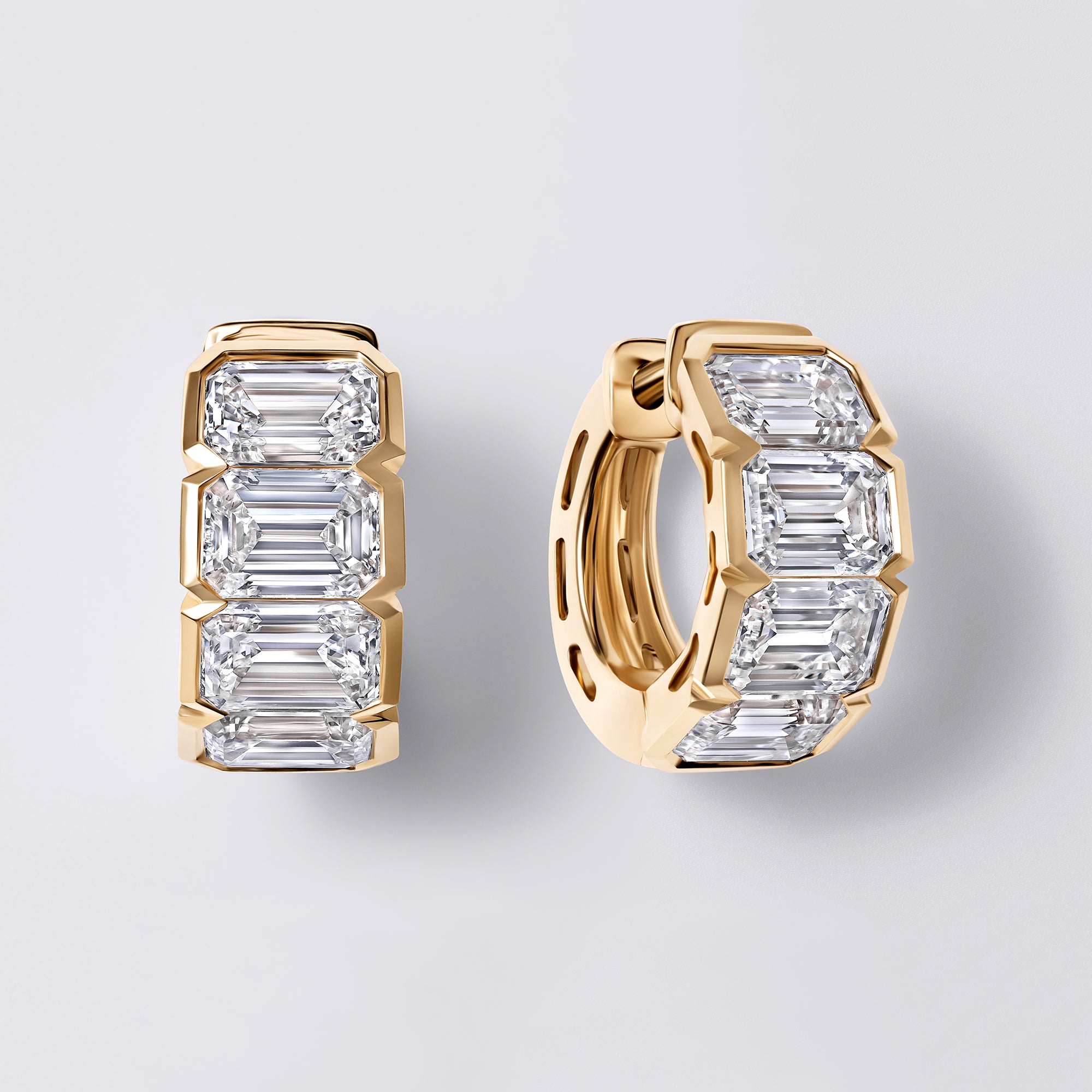 Emerald Cut Diamond East/West Half Bezel Huggie Earrings