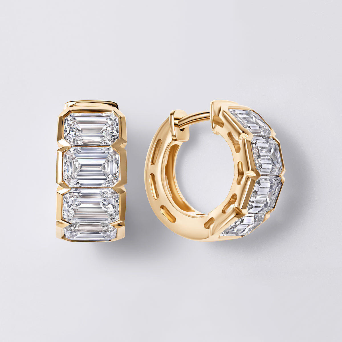 Emerald Cut Diamond East/West Half Bezel Huggie Earrings