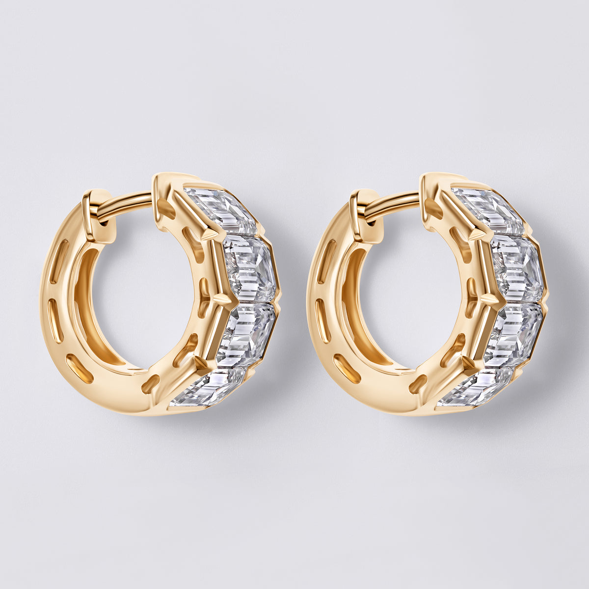 Emerald Cut Diamond East/West Half Bezel Huggie Earrings