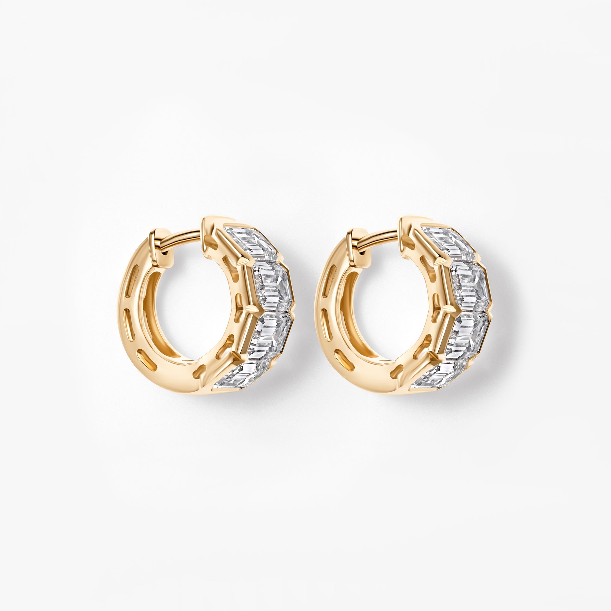 Emerald Cut Diamond East/West Half Bezel Huggie Earrings