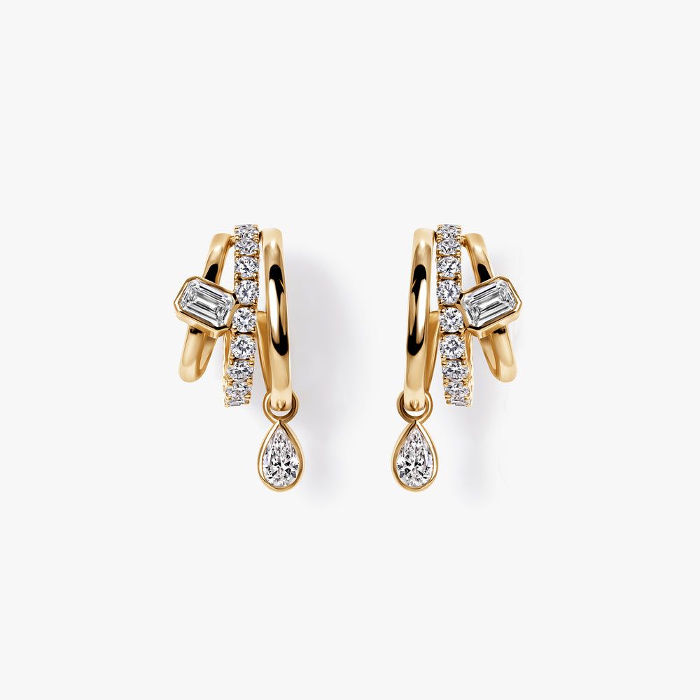 Emerald Cut & Pear Diamond Triple Huggies