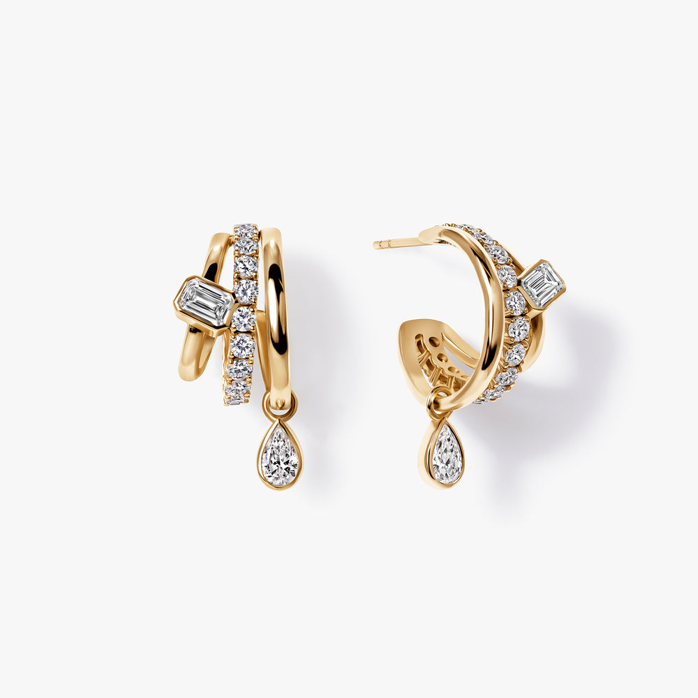 Emerald Cut & Pear Diamond Triple Huggies