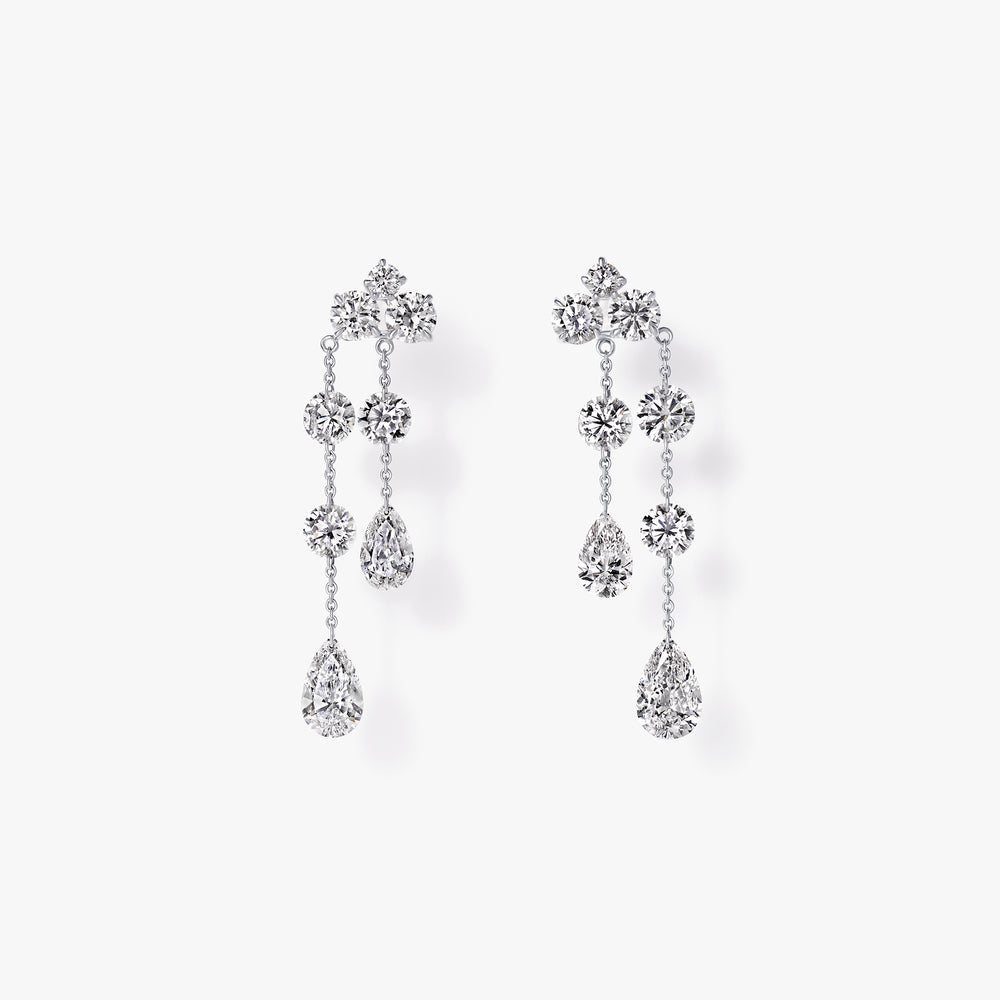 Round and Pear Drilled Diamond Chain Drop Earrings