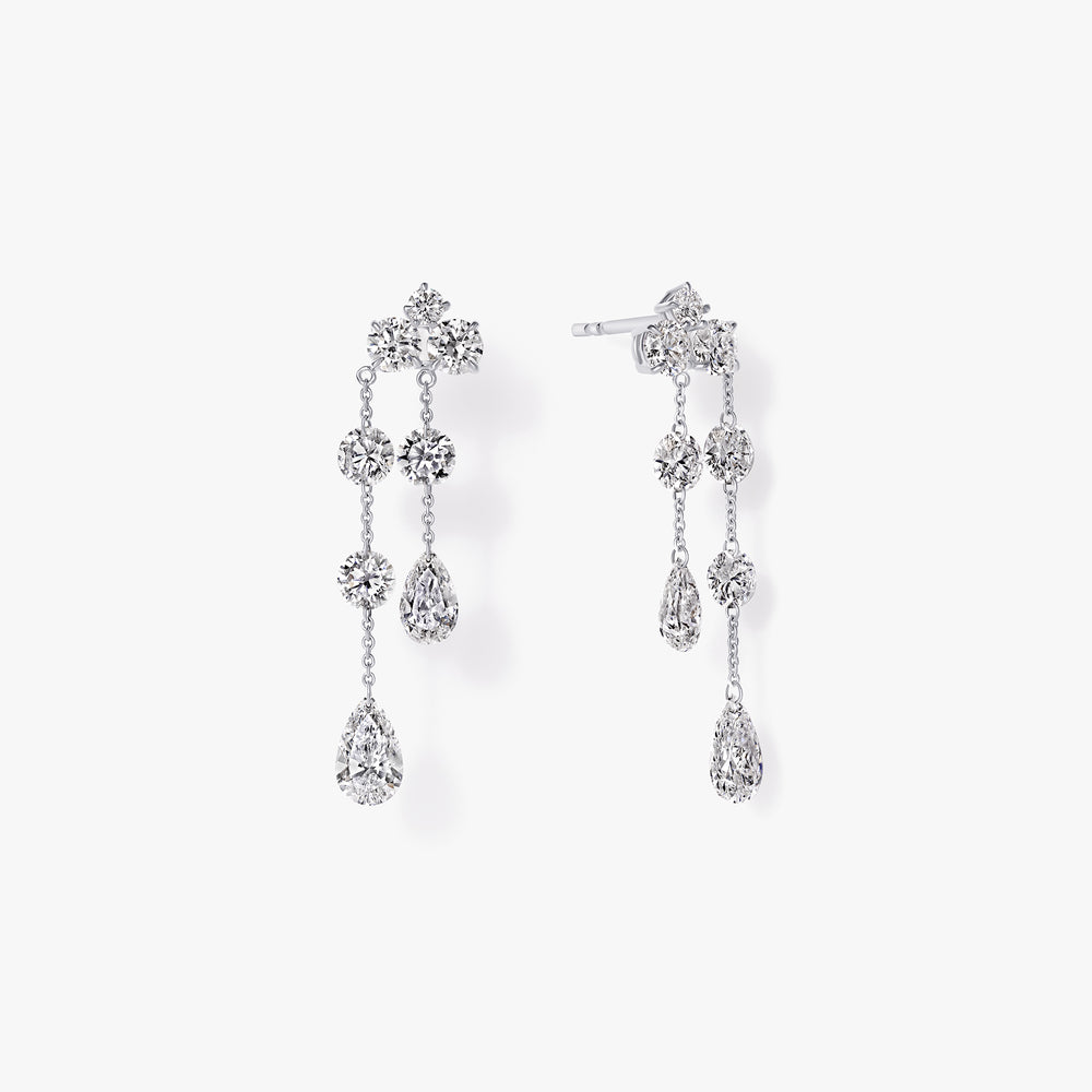 Round and Pear Drilled Diamond Chain Drop Earrings