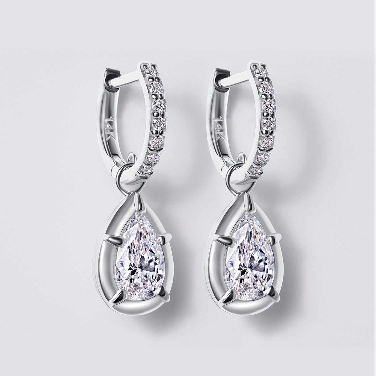 Pear Bezel Dangle Hoop, White Gold