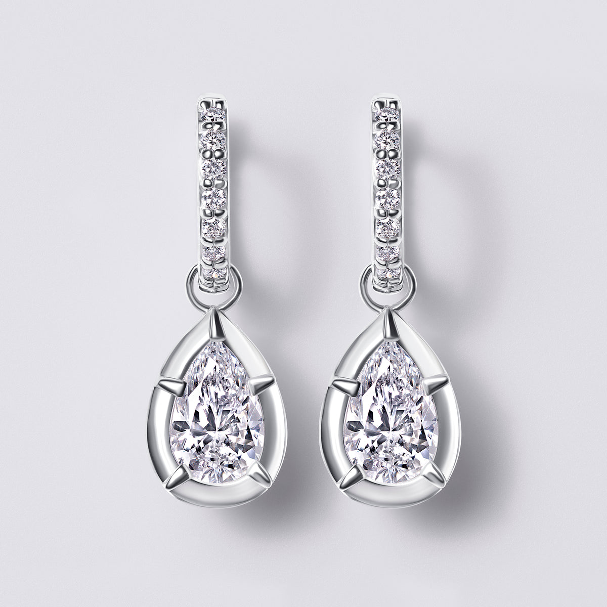 Pear Bezel Dangle Hoop, White Gold
