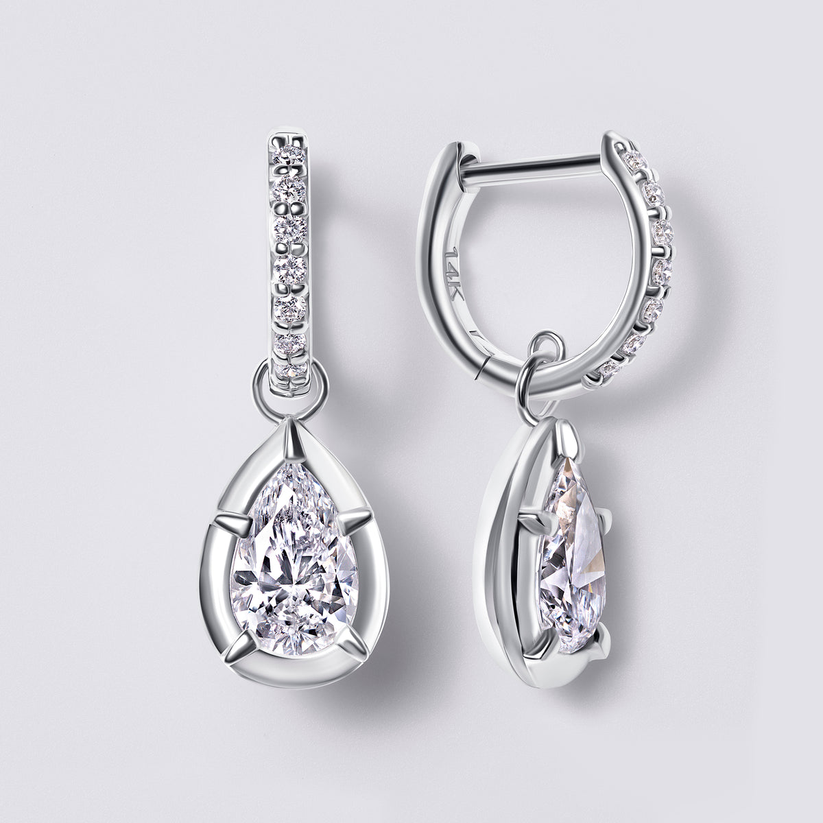 Pear Bezel Dangle Hoop, White Gold