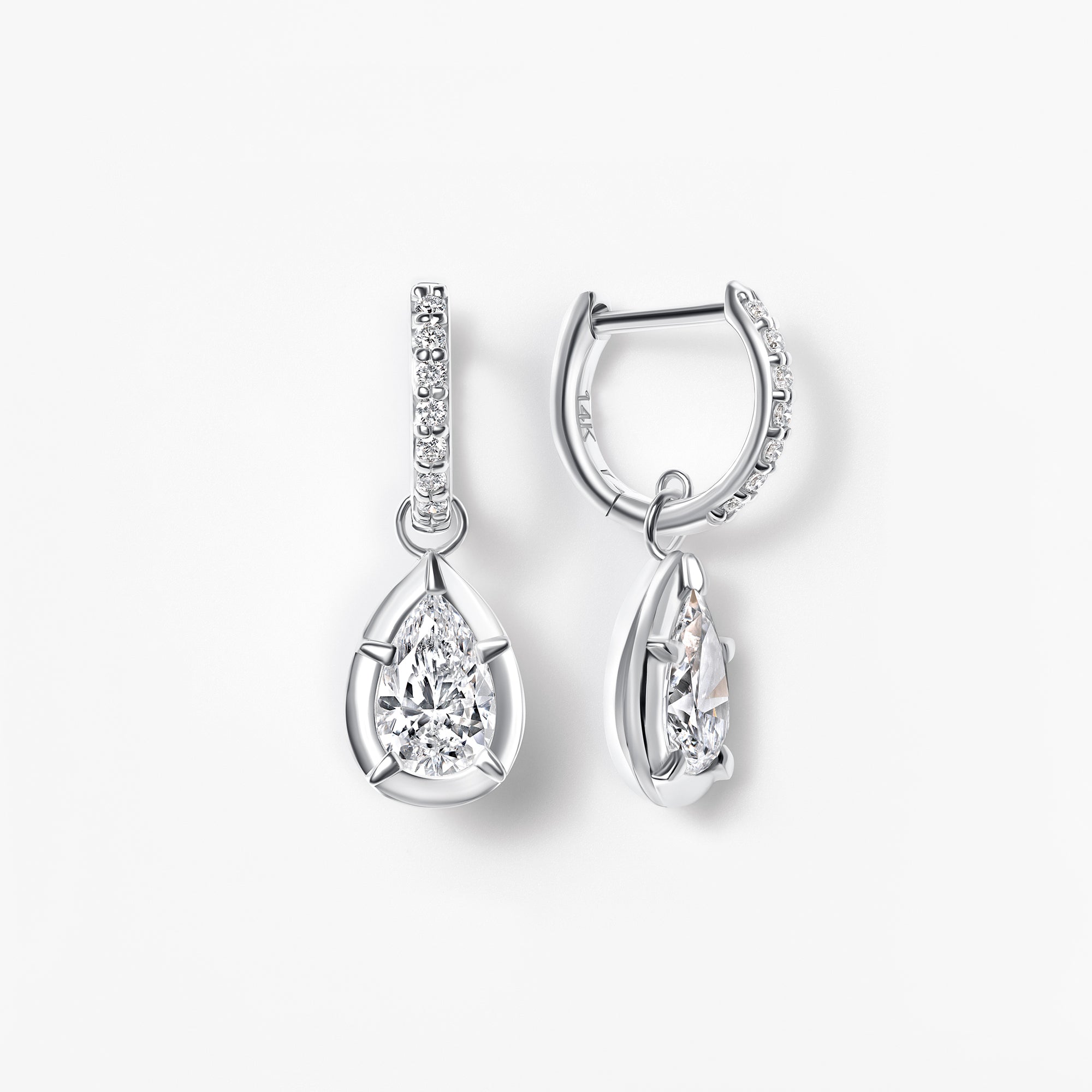 Pear Diamond Bezel Set Drop Hoop Earrings