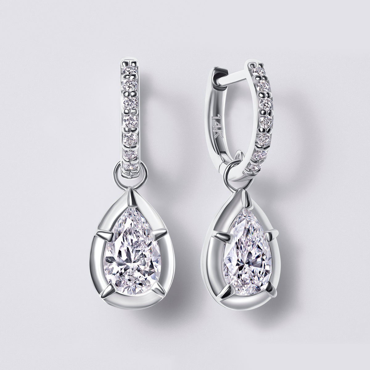 Pear Bezel Dangle Hoop, White Gold