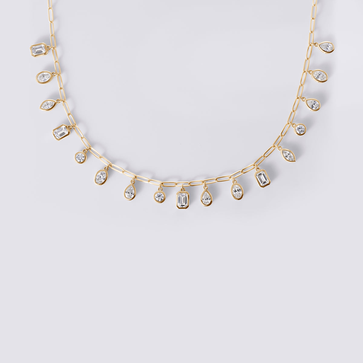 Mixed Shape Bezel Dangle Charm Paperclip Necklace (5 1/3CTW), Yellow Gold