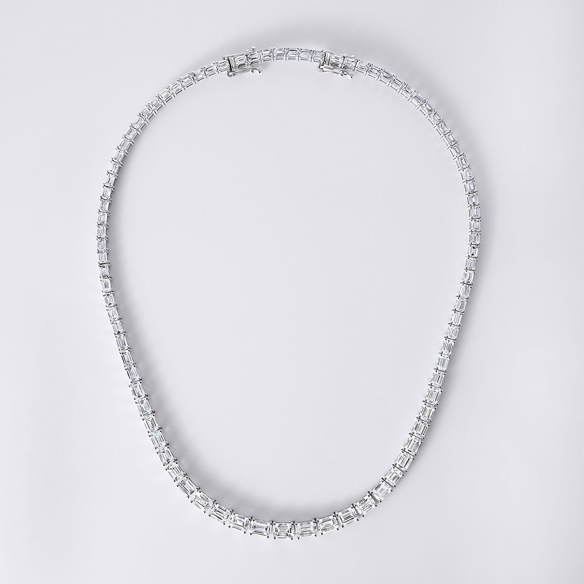 Emerald East/West Prong Set Tennis Necklace (28CTW), White Gold