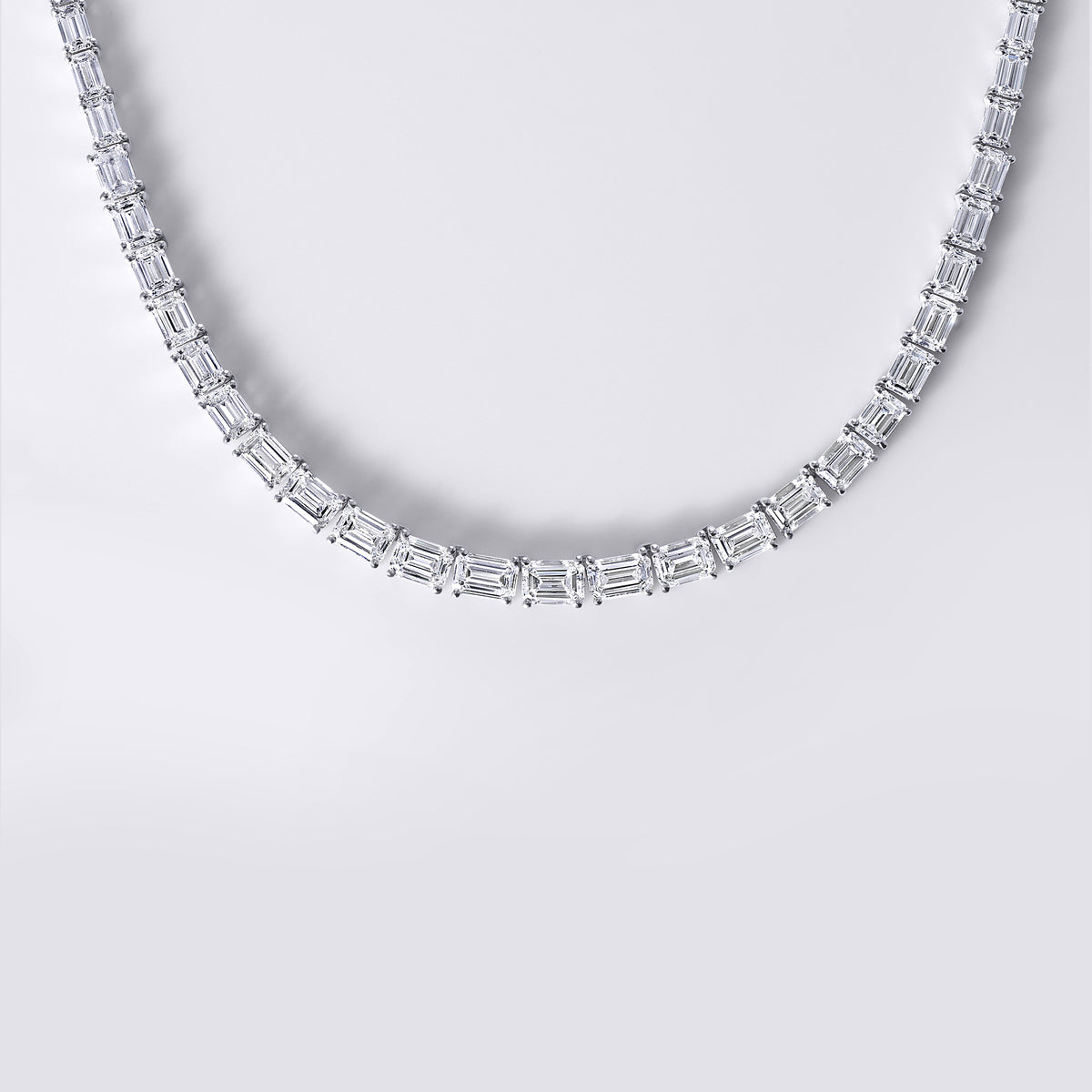 Emerald East/West Prong Set Tennis Necklace (28CTW), White Gold