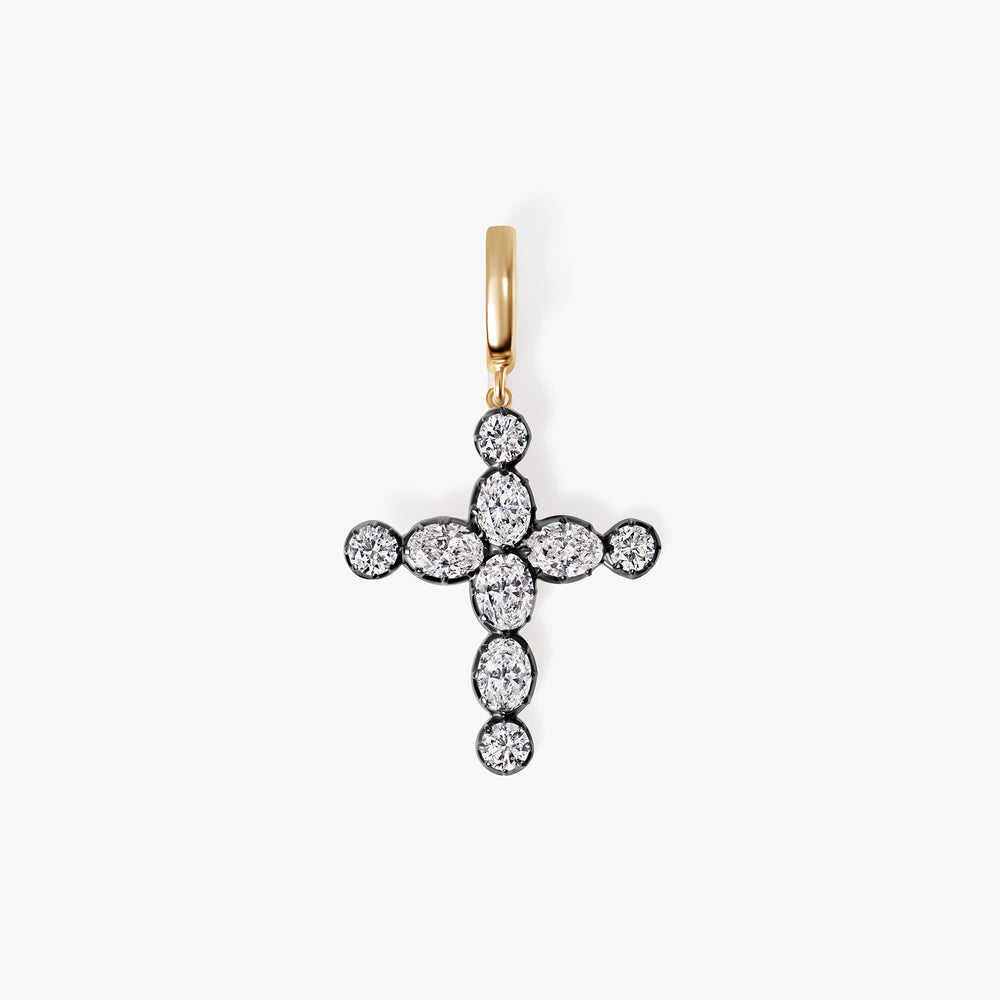 Oval and Round Diamond Black Rhodium Cross Pendant