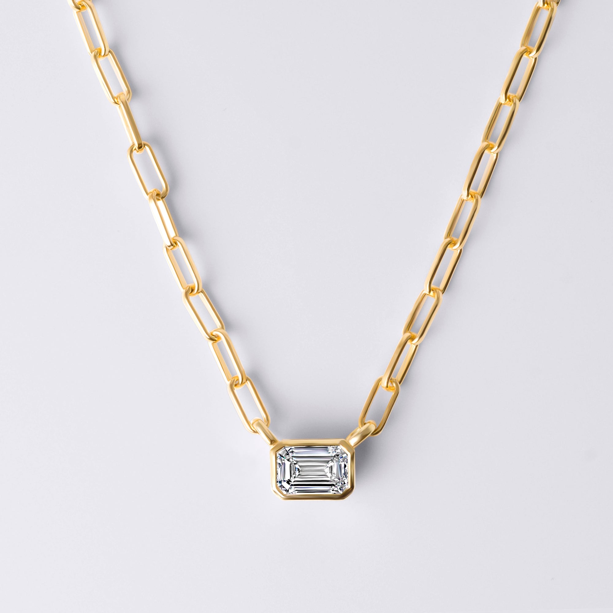 Bezel Set Emerald Lab Diamond Necklace, Yellow Gold Vermeil