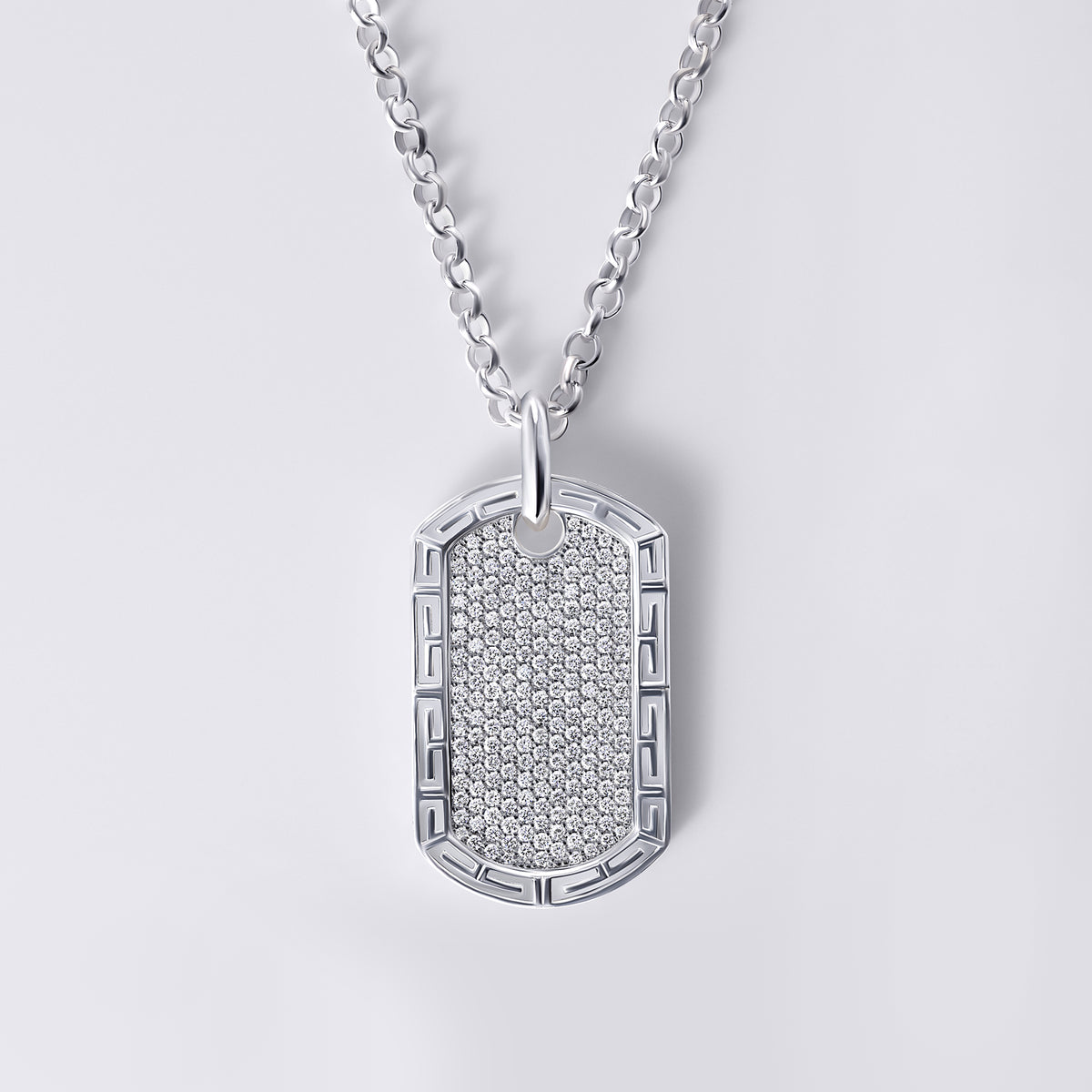 Rounded Pave Dog Tag on Chain (4CTW), Sterling Silver