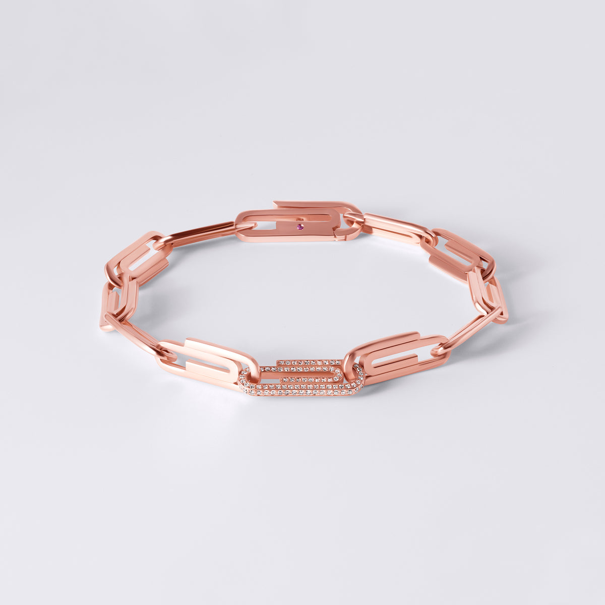 Paperclip Bracelet with Single Pave Link, Rose Gold
