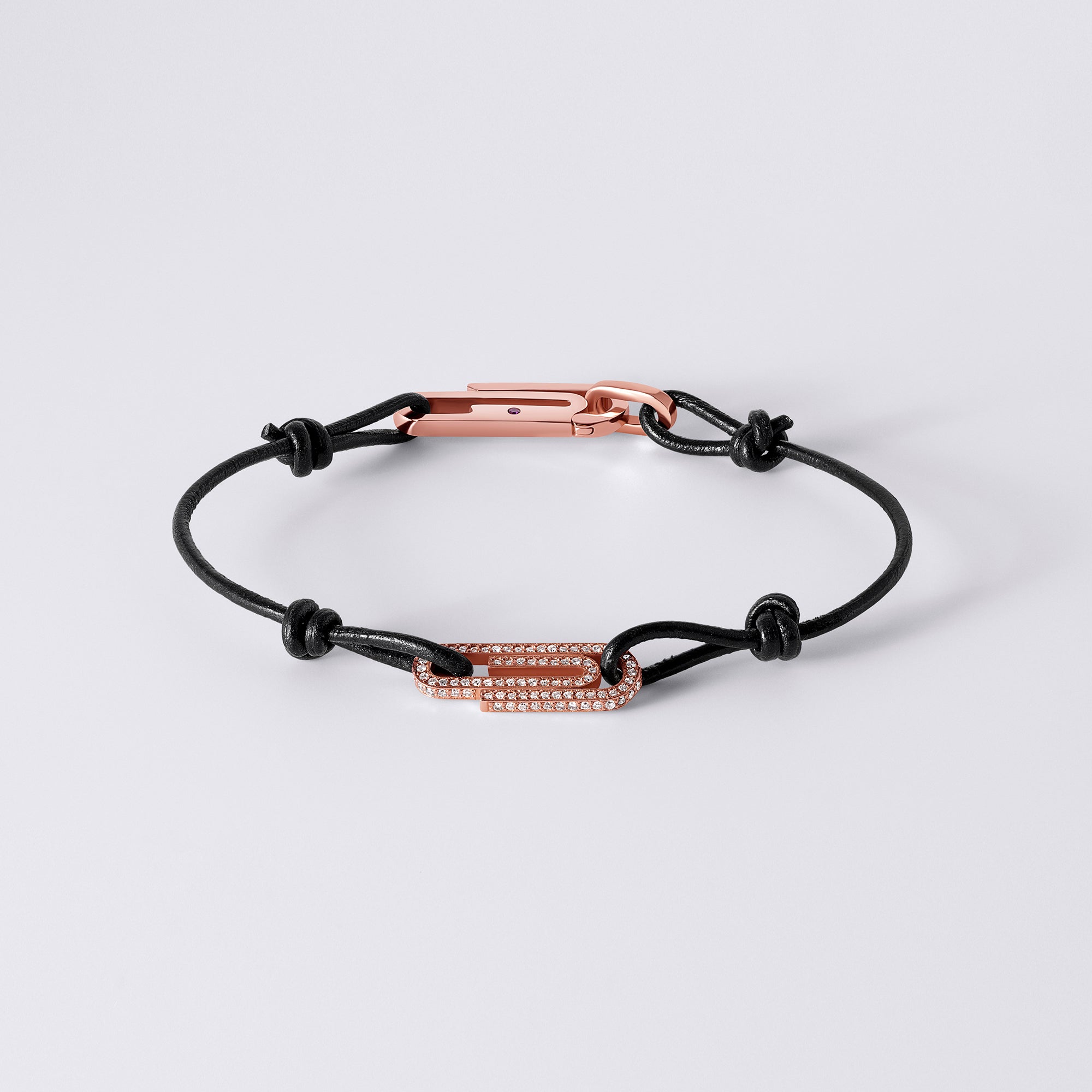Paperclip Leather Bracelet with Single Pave Link (1/2CTW), Rose Gold