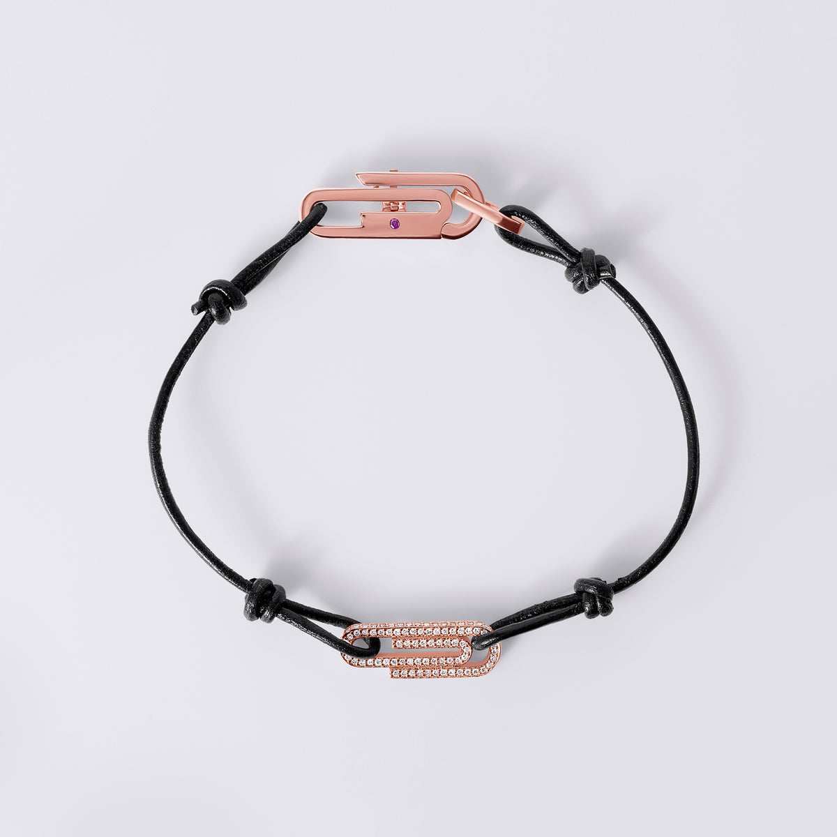 Paperclip Leather Bracelet with Single Pave Link (1/2CTW), Rose Gold