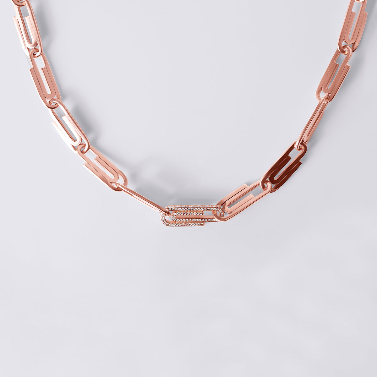 Paperclip Necklace with Single Pave Link, Rose Gold
