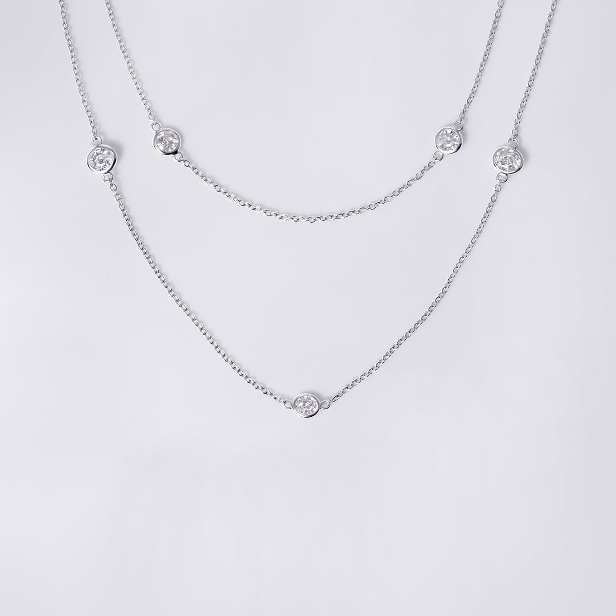 Round Soleil Cut Diamond Long Station Bezel Set Necklace