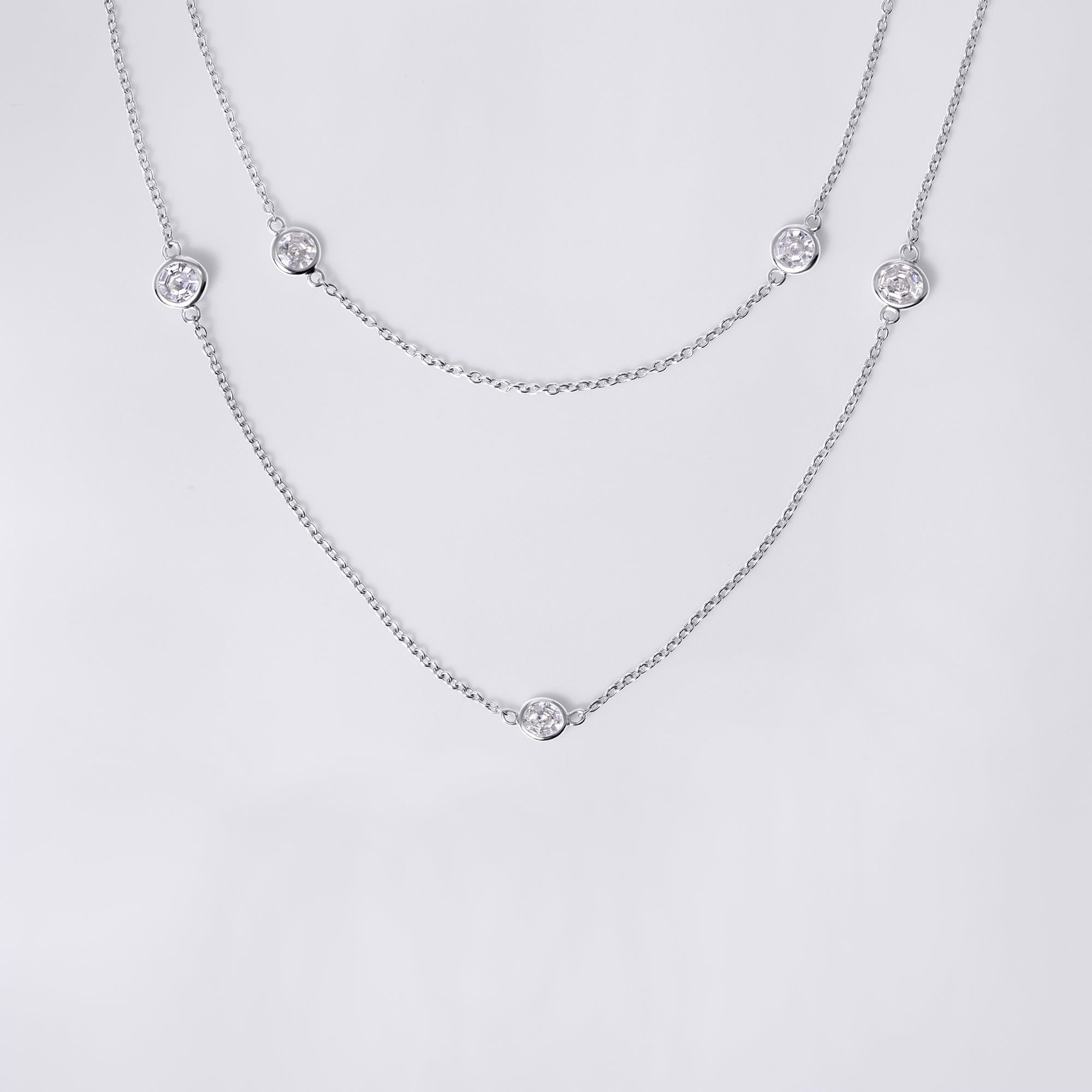 Round Soleil Cut Diamond Long Station Bezel Set Necklace