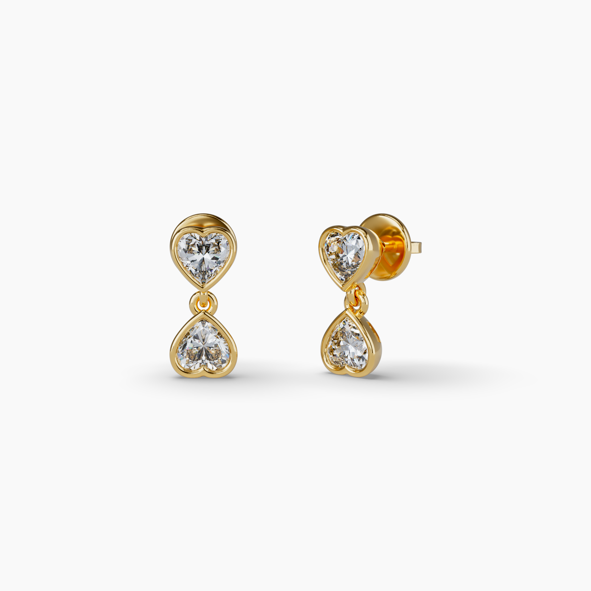 Bezel Set Hanging Heart Lab Diamond Earrings, Yellow Gold Vermeil