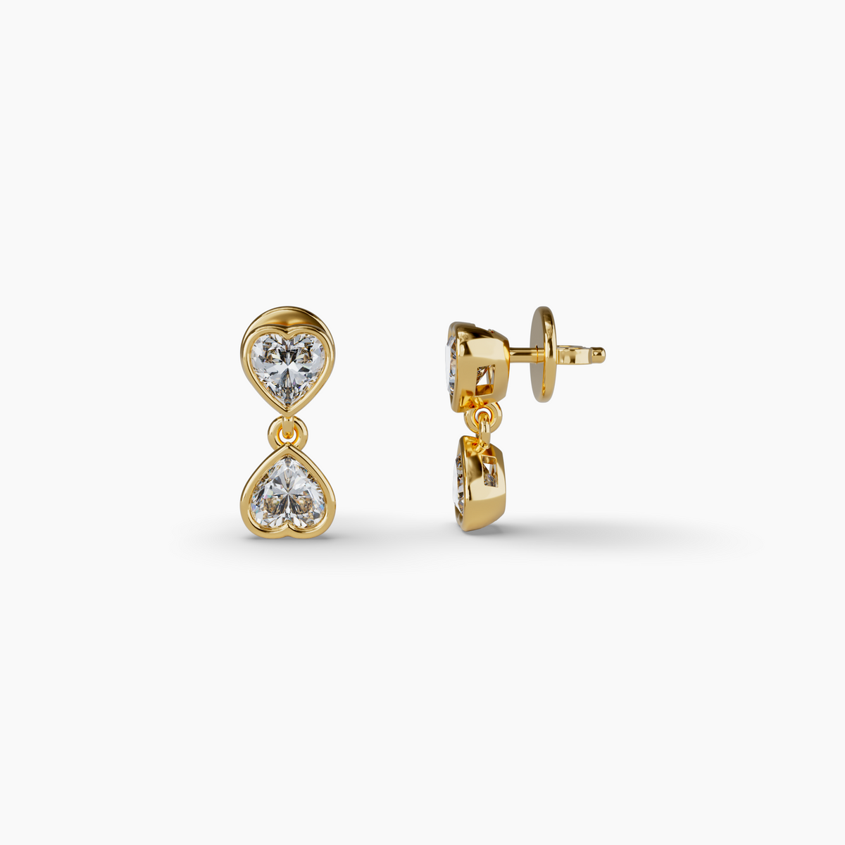 Bezel Set Hanging Heart Lab Diamond Earrings, Yellow Gold Vermeil