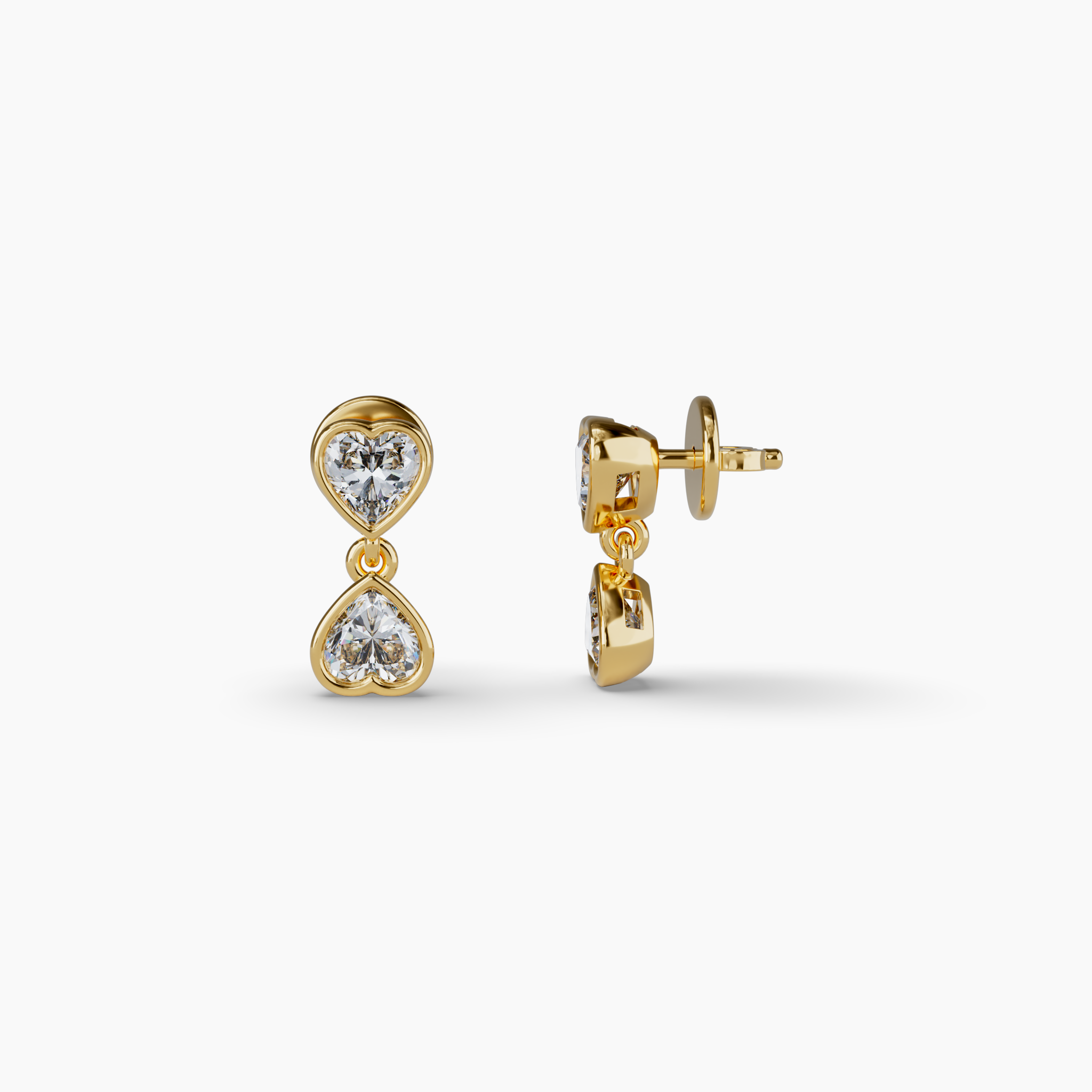 Bezel Set Hanging Heart Lab Diamond Earrings, Yellow Gold Vermeil