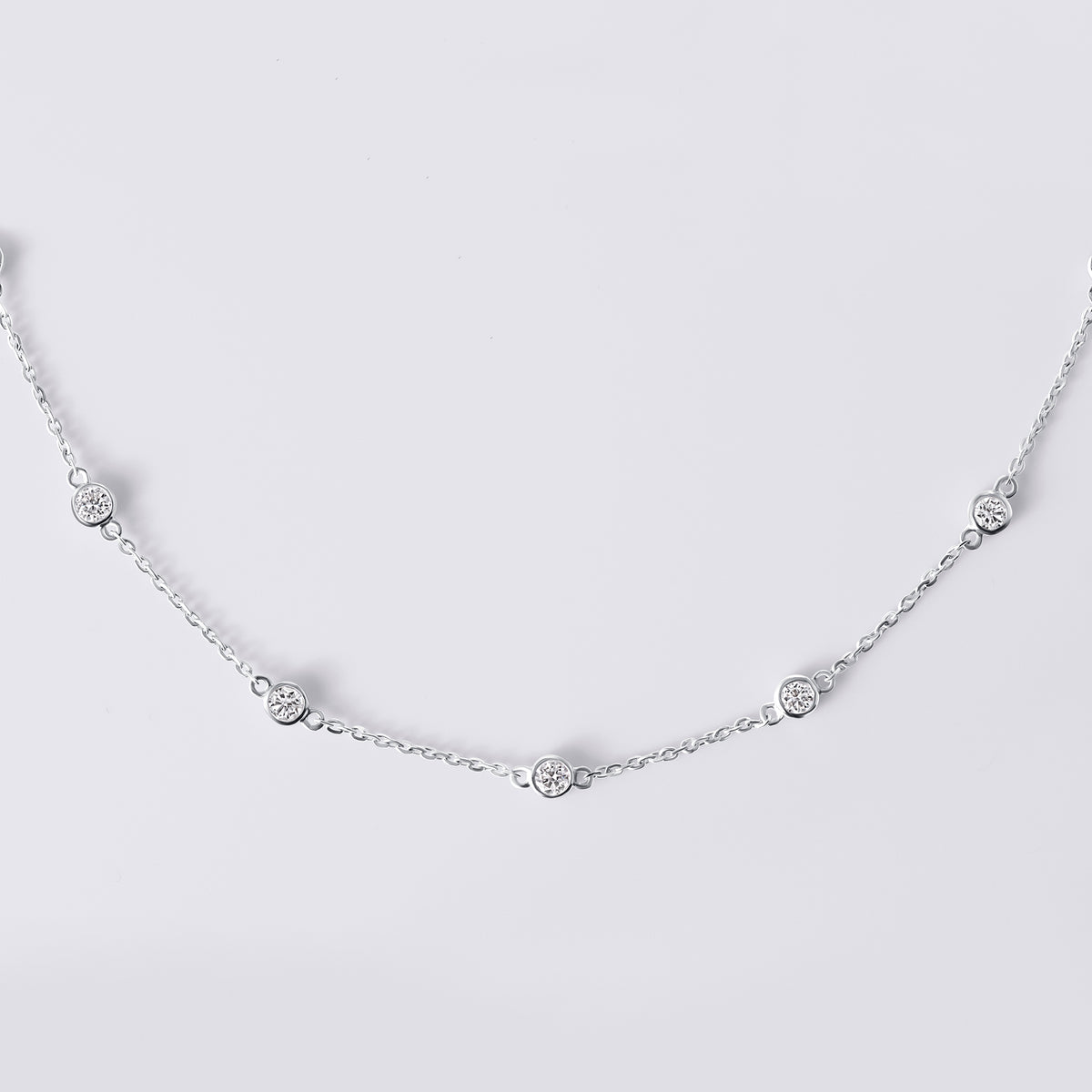 Round Brilliant Cut Bezel Set Diamond Station Necklace (2CTW), White Gold
