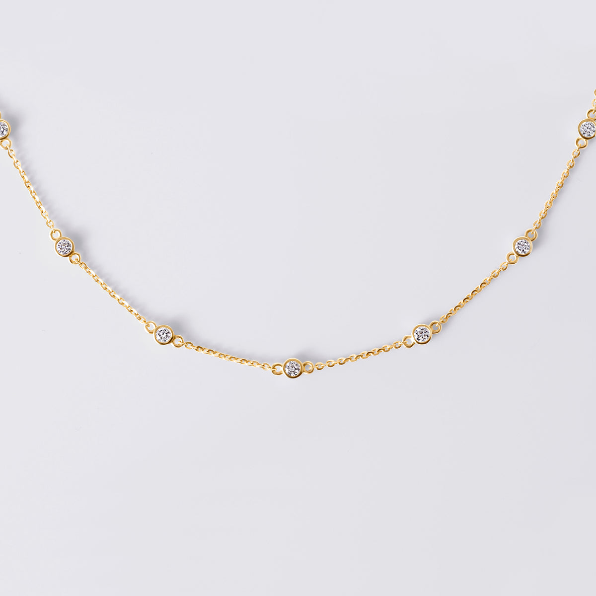 Round Brilliant Cut Bezel Set Diamond Station Necklace (1CTW), Yellow Gold