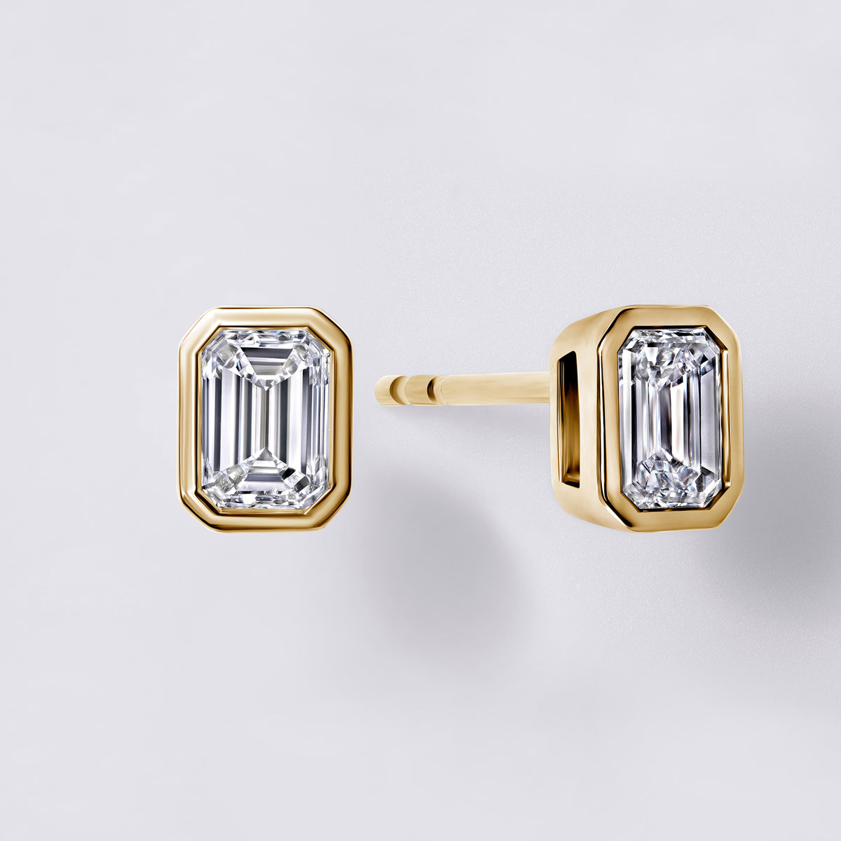 Bezel Set Emerald Lab Diamond Stud Earrings, Yellow Gold Vermeil