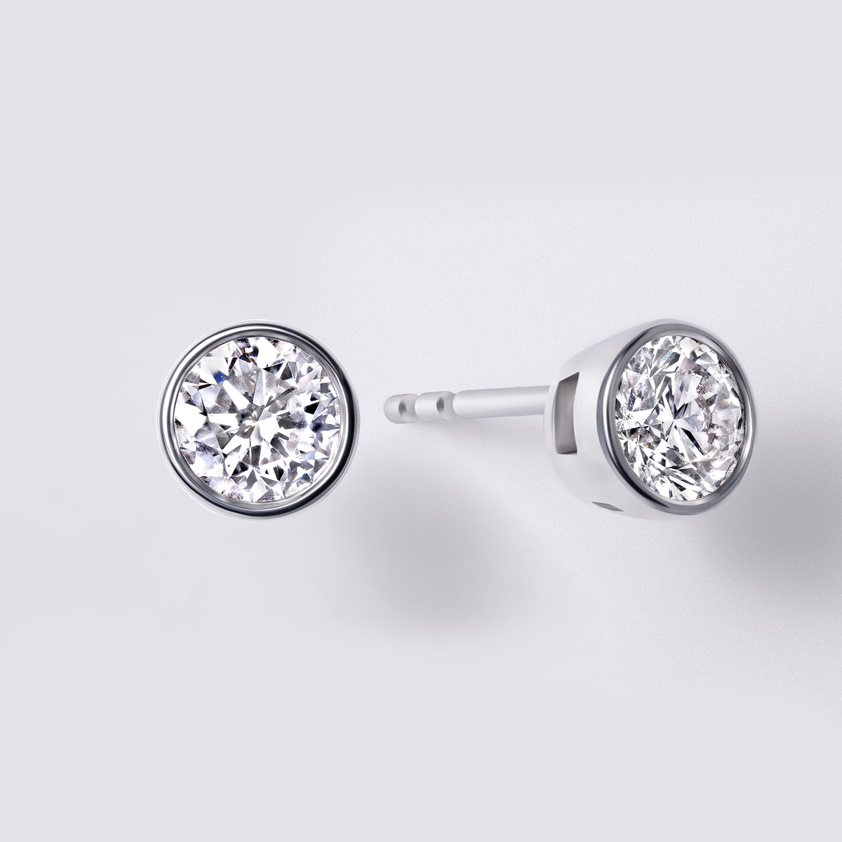 Bezel Set Round Lab Diamond Stud Earrings, White Rhodium