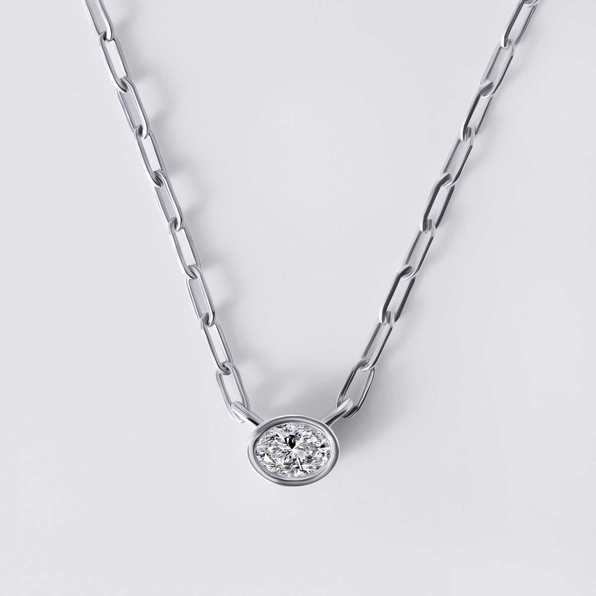 Bezel Set Oval Lab Diamond Necklace, White Rhodium