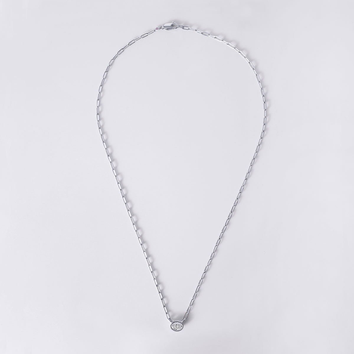 Bezel Set Oval Lab Diamond Necklace, White Rhodium