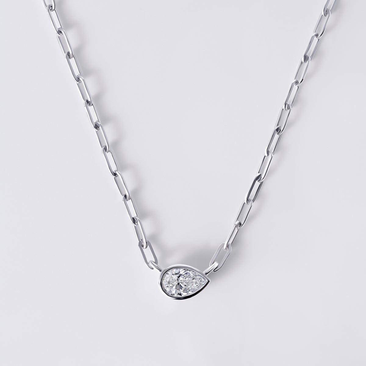 Bezel Set Pear Lab Diamond Necklace, White Rhodium