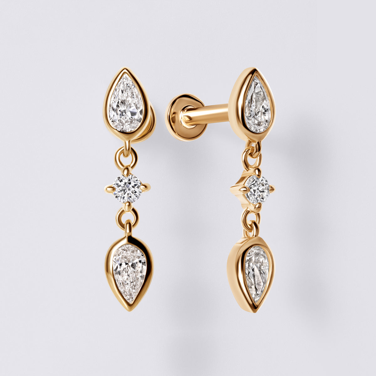 Pear Diamond Bezel Set Triple Drop Earrings