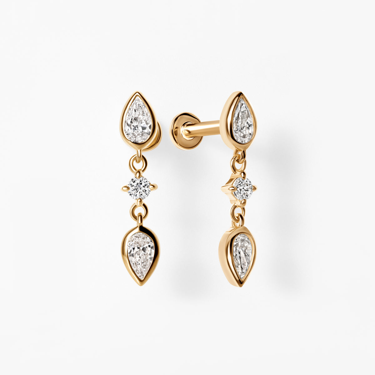 Pear Diamond Bezel Set Triple Drop Earrings