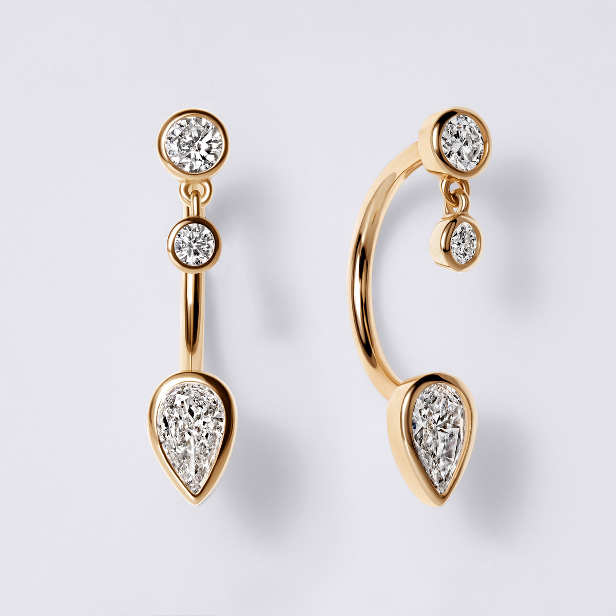 Round & Pear Diamond Bezel Set Barbell Jacket Earrings