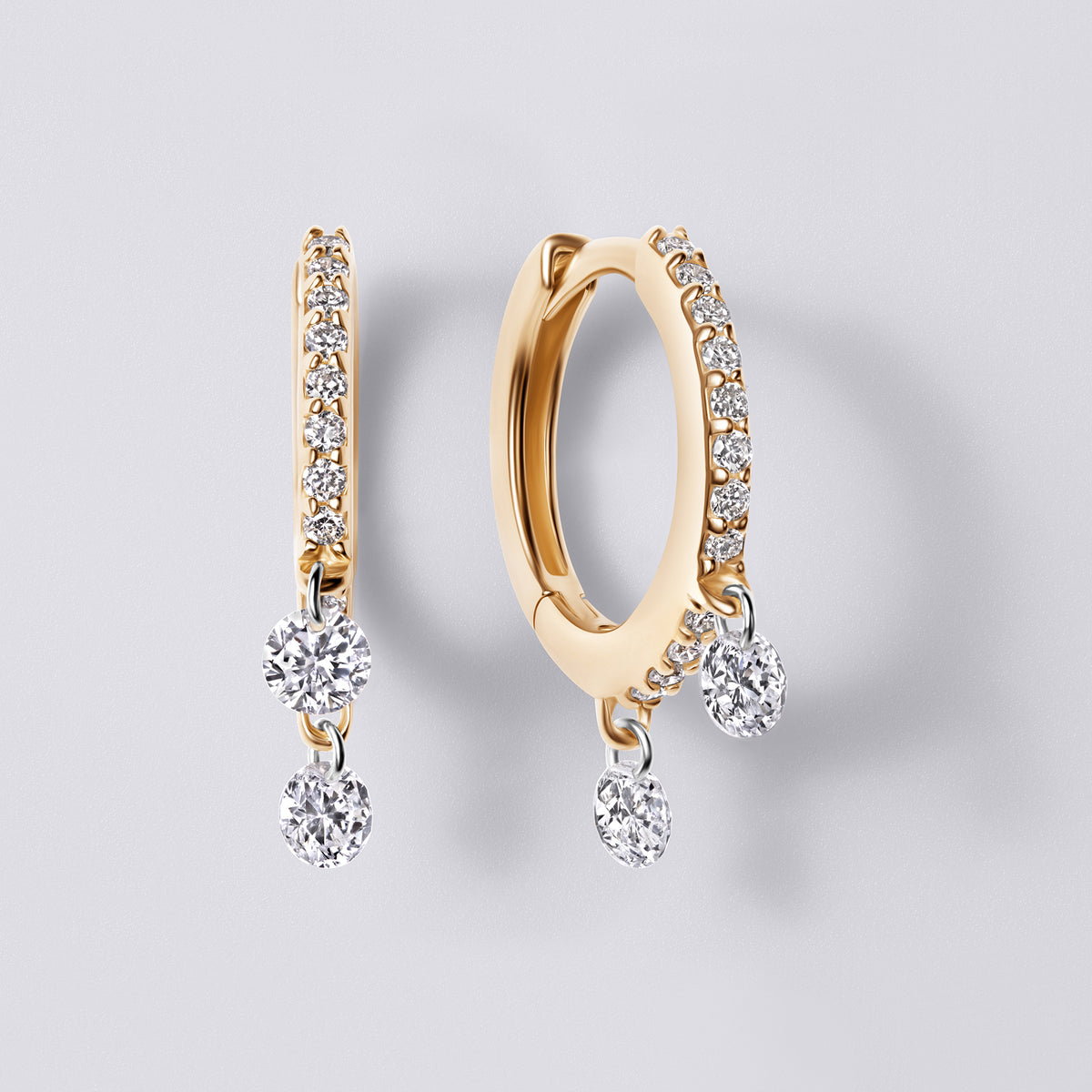 Round Diamond Double Drilled Pavé Drop Huggie Earrings