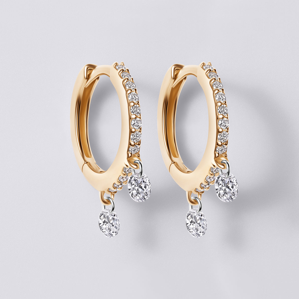 Round Diamond Double Drilled Pavé Drop Huggie Earrings