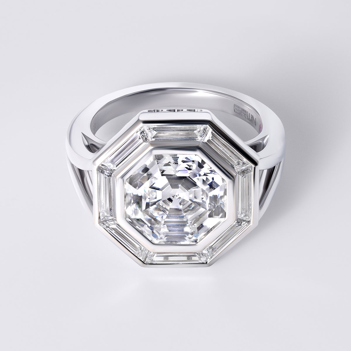 Couture White Step Cut Octagon Diamond With Baguette Halo Ring