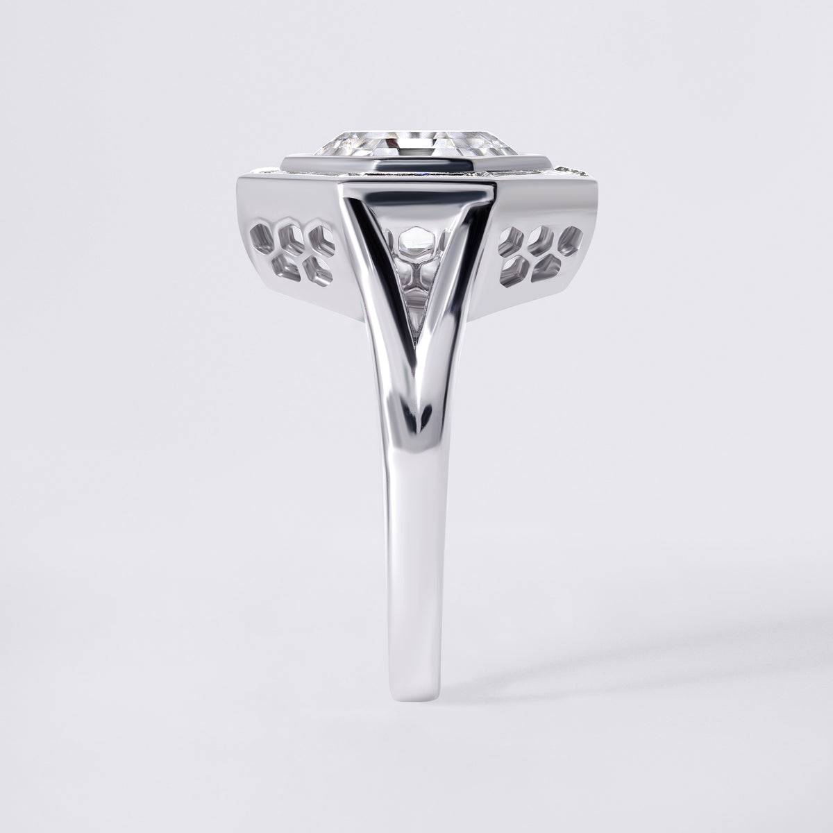 Couture White Step Cut Octagon Diamond With Baguette Halo Ring