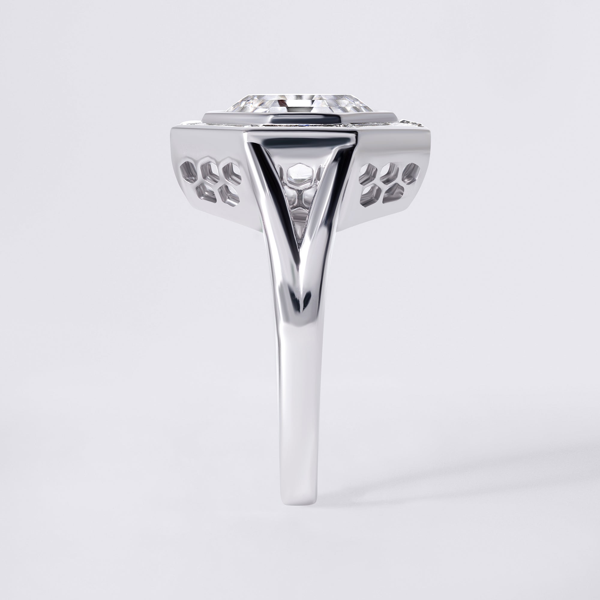 Couture White Step Cut Octagon Diamond With Baguette Halo Ring