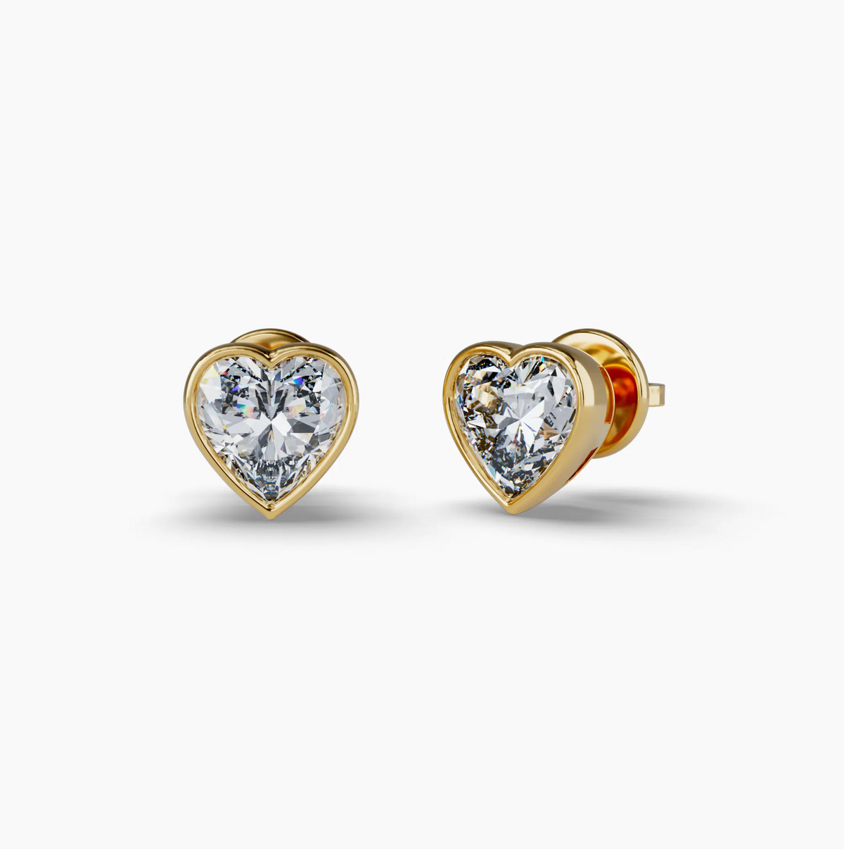 Bezel Set Heart Lab Diamond Stud Earrings, Yellow Gold Vermeil